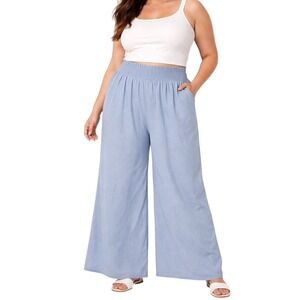 Ashley Stewart Womens Plus Size 14/16 Blue Smocked Wide Leg Palazzo Pants